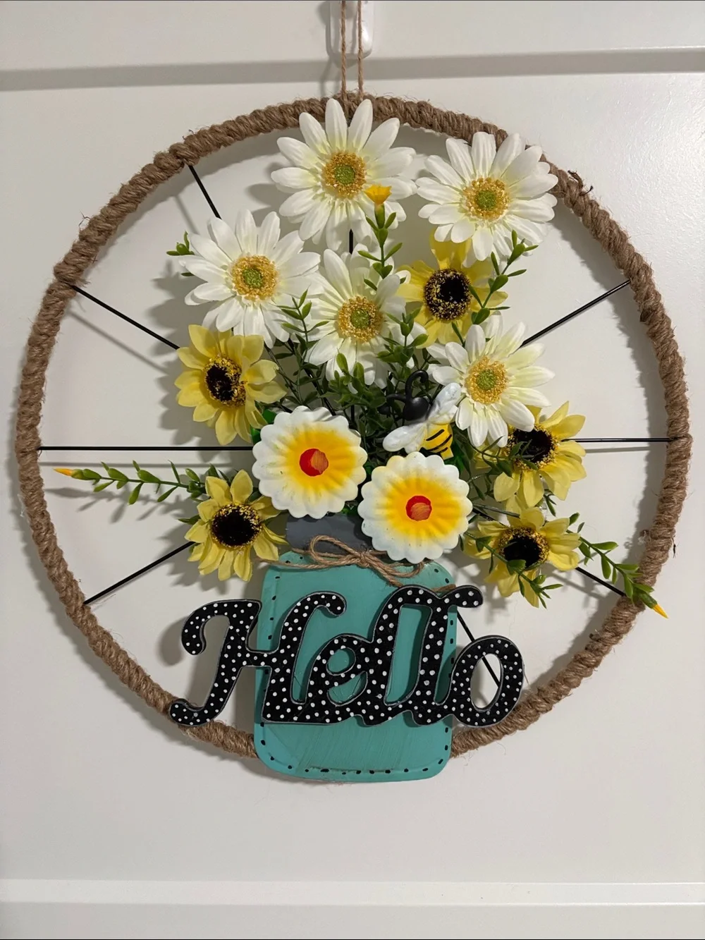 Hand Crafted Yellow & White Floral Mason Jar Wreath